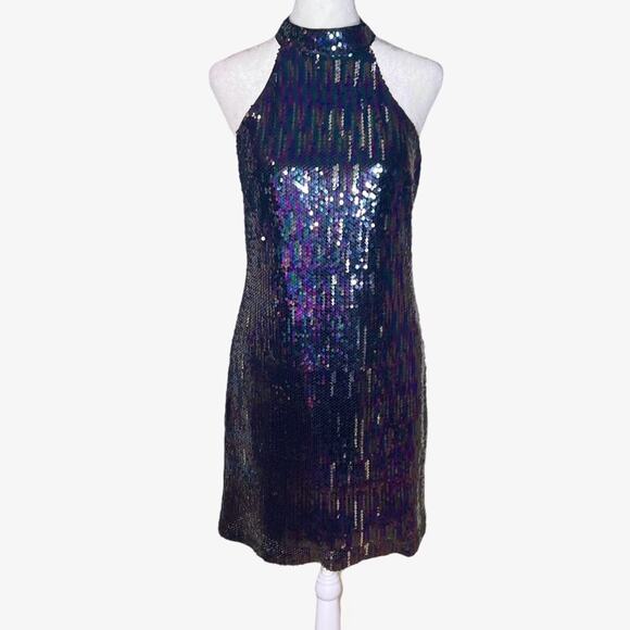 Lulus Classic Diva Black Multi Sequin Halter Mini Dress L Open Back Stretchy - Picture 1 of 11